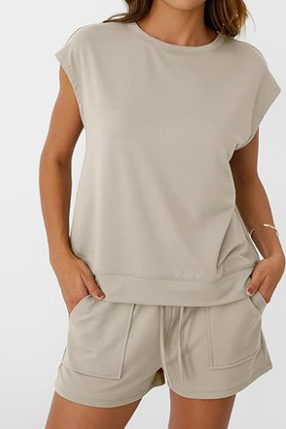 Women's Summer Short Sleeve Round Neck Drawstring 2 Piece Sports Set with Pocket