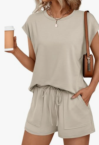 Women's Summer Short Sleeve Round Neck Drawstring 2 Piece Sports Set with Pocket