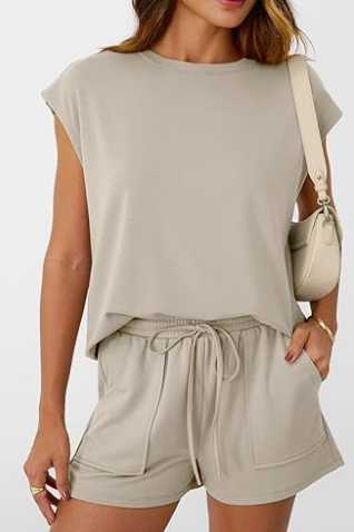 Women's Summer Short Sleeve Round Neck Drawstring 2 Piece Sports Set with Pocket
