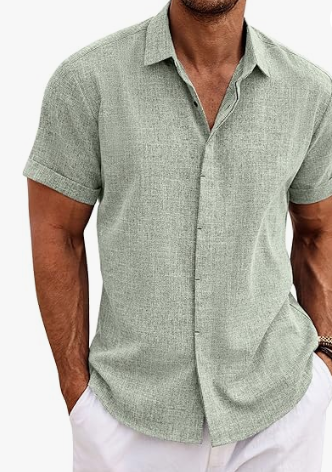 Men's Linen Shirts Short Sleeve Casual Shirts Button Down Shirt for Men Beach Summer Wedding Shirt