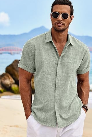 Men's Linen Shirts Short Sleeve Casual Shirts Button Down Shirt for Men Beach Summer Wedding Shirt