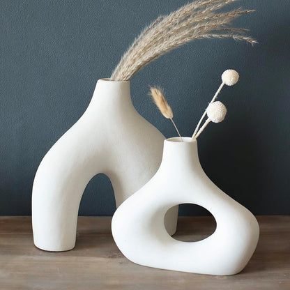 Large White Ceramic Vase - Simple Scandinavian Style Design, Hollow | Table Centerpiece, Olive Plant, Wedding, Living Room, Bookshelf, Office, Modern Home, Entryway, Console