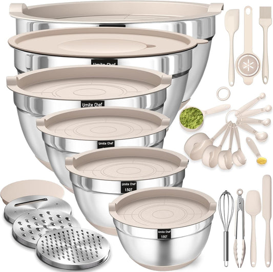 Mixing Bowl Set with Airtight Lids, 26 Piece Stainless Steel with Grater Attachments, Non-Slip Bases and Kitchen Utensil Set, Sizes 7, 4, 2.5, 2.0, 1.5, 1 Quart, Great for Mixing and Serving