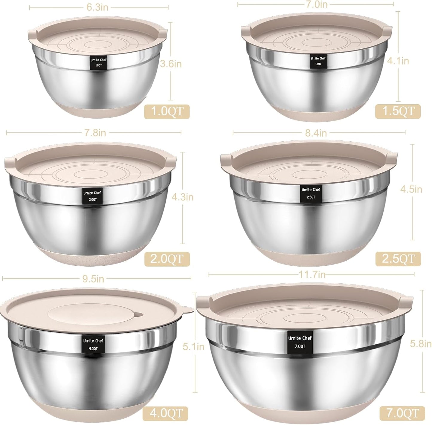 Mixing Bowl Set with Airtight Lids, 26 Piece Stainless Steel with Grater Attachments, Non-Slip Bases and Kitchen Utensil Set, Sizes 7, 4, 2.5, 2.0, 1.5, 1 Quart, Great for Mixing and Serving