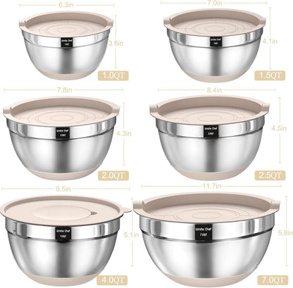 Mixing Bowl Set with Airtight Lids, 26 Piece Stainless Steel with Grater Attachments, Non-Slip Bases and Kitchen Utensil Set, Sizes 7, 4, 2.5, 2.0, 1.5, 1 Quart, Great for Mixing and Serving