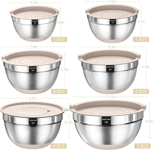 Mixing Bowl Set with Airtight Lids, 26 Piece Stainless Steel with Grater Attachments, Non-Slip Bases and Kitchen Utensil Set, Sizes 7, 4, 2.5, 2.0, 1.5, 1 Quart, Great for Mixing and Serving