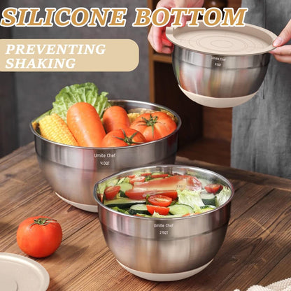 Mixing Bowl Set with Airtight Lids, 26 Piece Stainless Steel with Grater Attachments, Non-Slip Bases and Kitchen Utensil Set, Sizes 7, 4, 2.5, 2.0, 1.5, 1 Quart, Great for Mixing and Serving