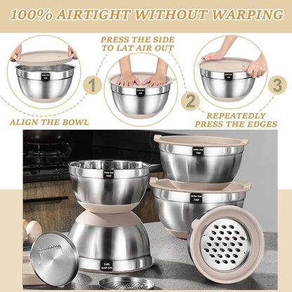 Mixing Bowl Set with Airtight Lids, 26 Piece Stainless Steel with Grater Attachments, Non-Slip Bases and Kitchen Utensil Set, Sizes 7, 4, 2.5, 2.0, 1.5, 1 Quart, Great for Mixing and Serving