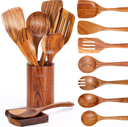9 Piece Natural Teak Wood Kitchen Utensil Set with Spoon Holder - Convenient Spoon and Cooking Utensil Holder