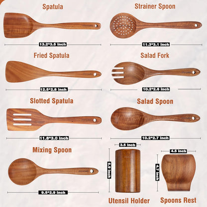 9 Piece Natural Teak Wood Kitchen Utensil Set with Spoon Holder - Convenient Spoon and Cooking Utensil Holder