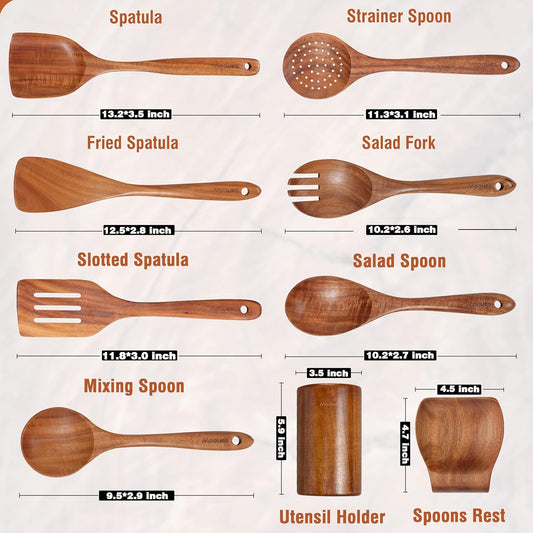 9 Piece Natural Teak Wood Kitchen Utensil Set with Spoon Holder - Convenient Spoon and Cooking Utensil Holder