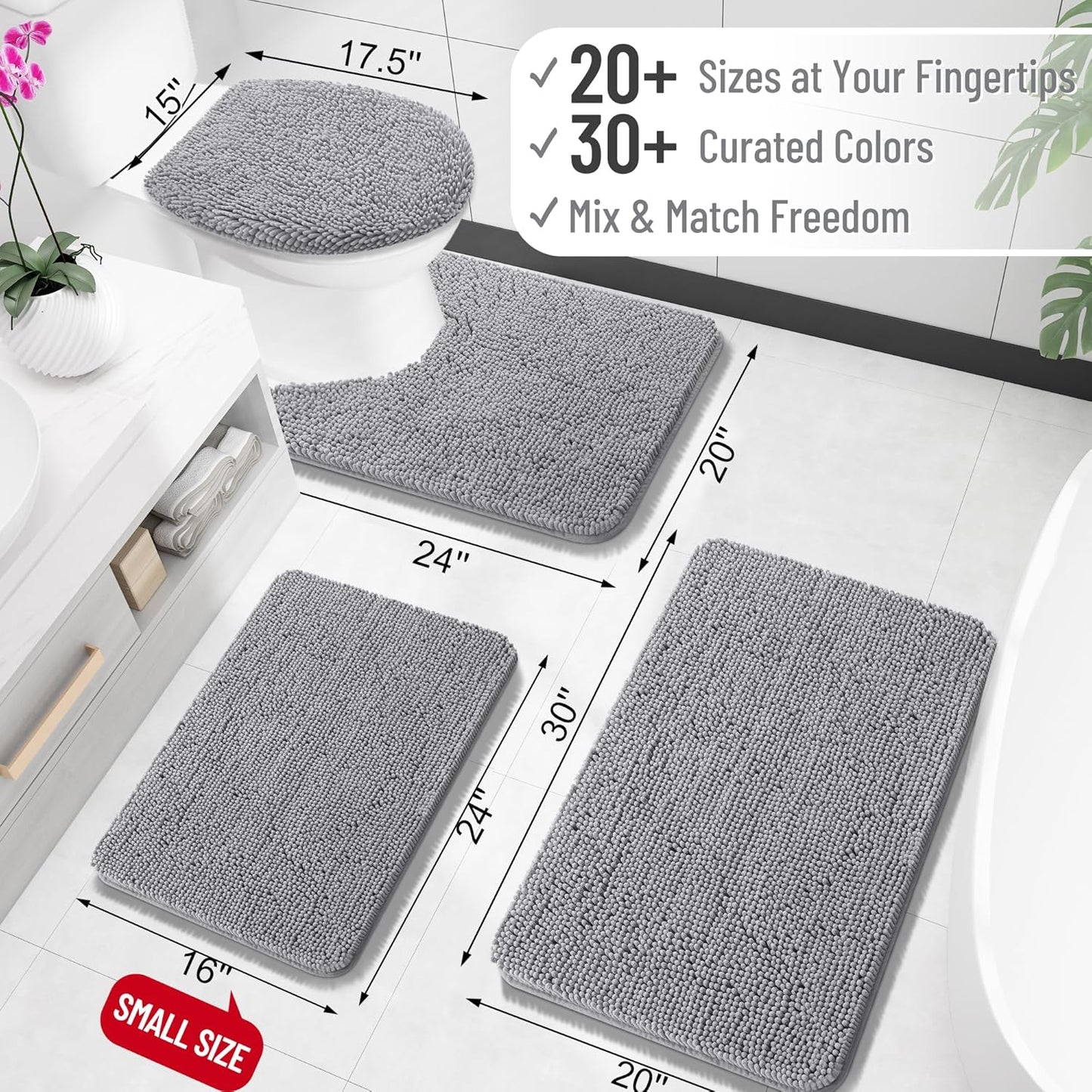 30x20 Bath Rugs, Super Soft and Absorbent Bath Mats, Quick Drying Rubber Backing, Machine Washable for Bathroom Floor, Tub and Shower, Home Decor Accessories, Grey