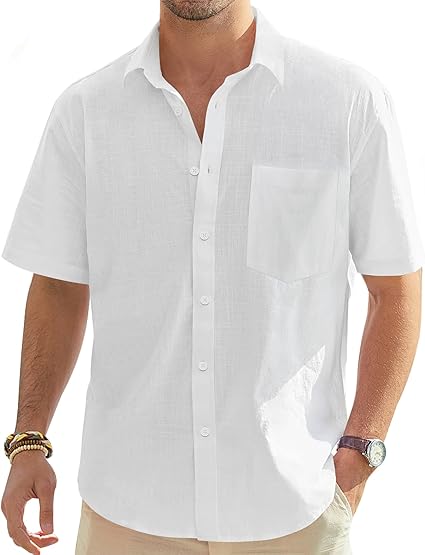 Men's Cotton Linen Short Sleeve Shirts Casual Lightweight Button Down Shirts Vacation Beach Summer Tops with Pocket